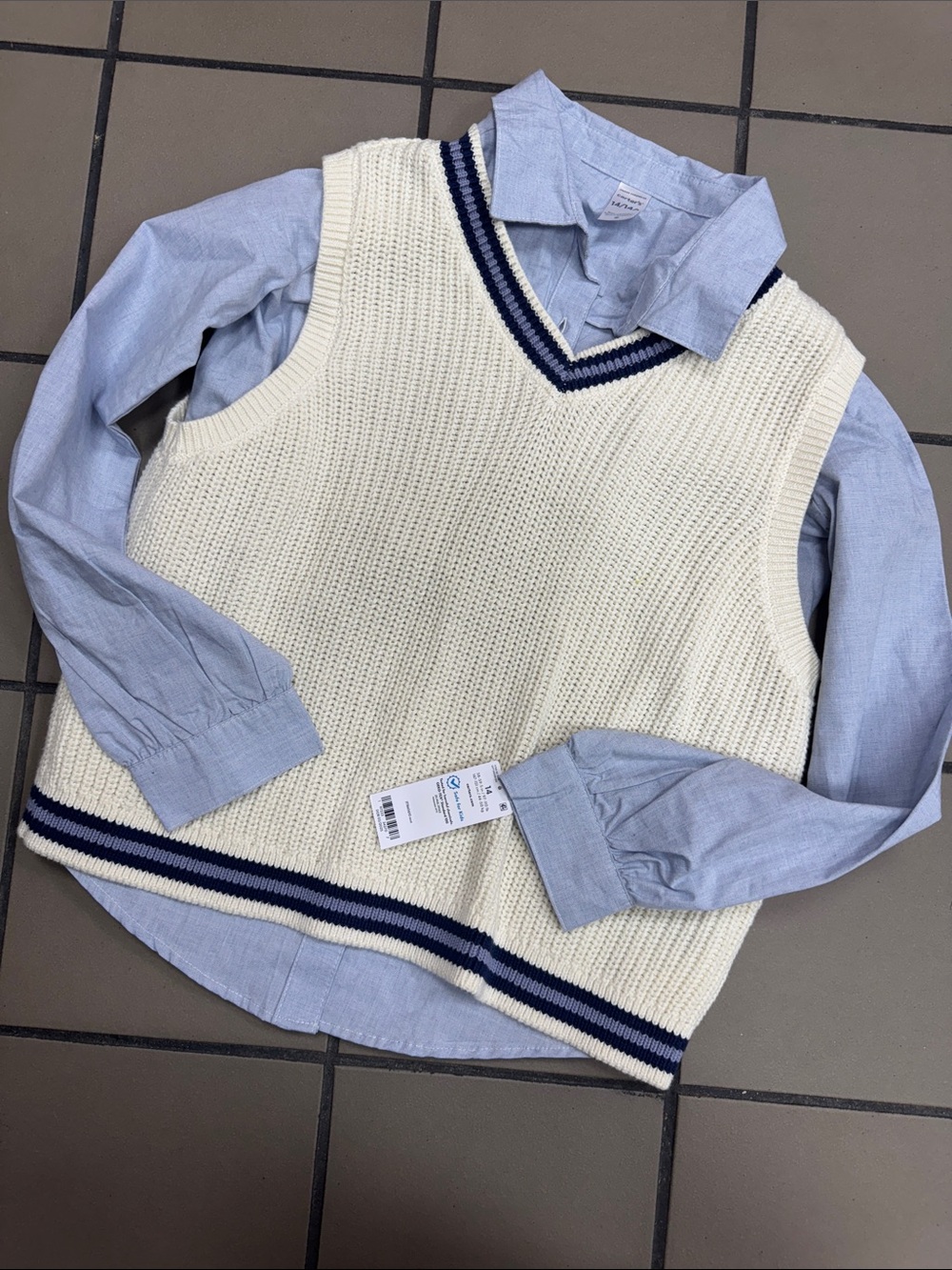 Carter's Cream Knit Sweater Vest with Blue Trim & Light Blue Button-Down Shirt